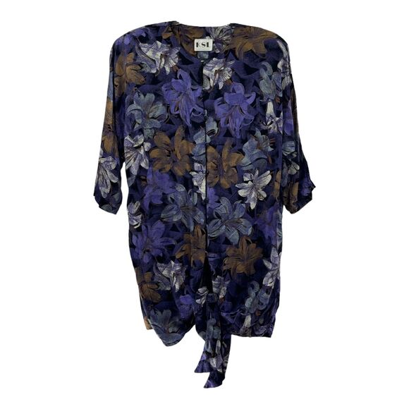 Vintage KSL Karin Stevens Shirtdress Womens Large Floral Boxy Button Tie Front - Picture 1 of 12